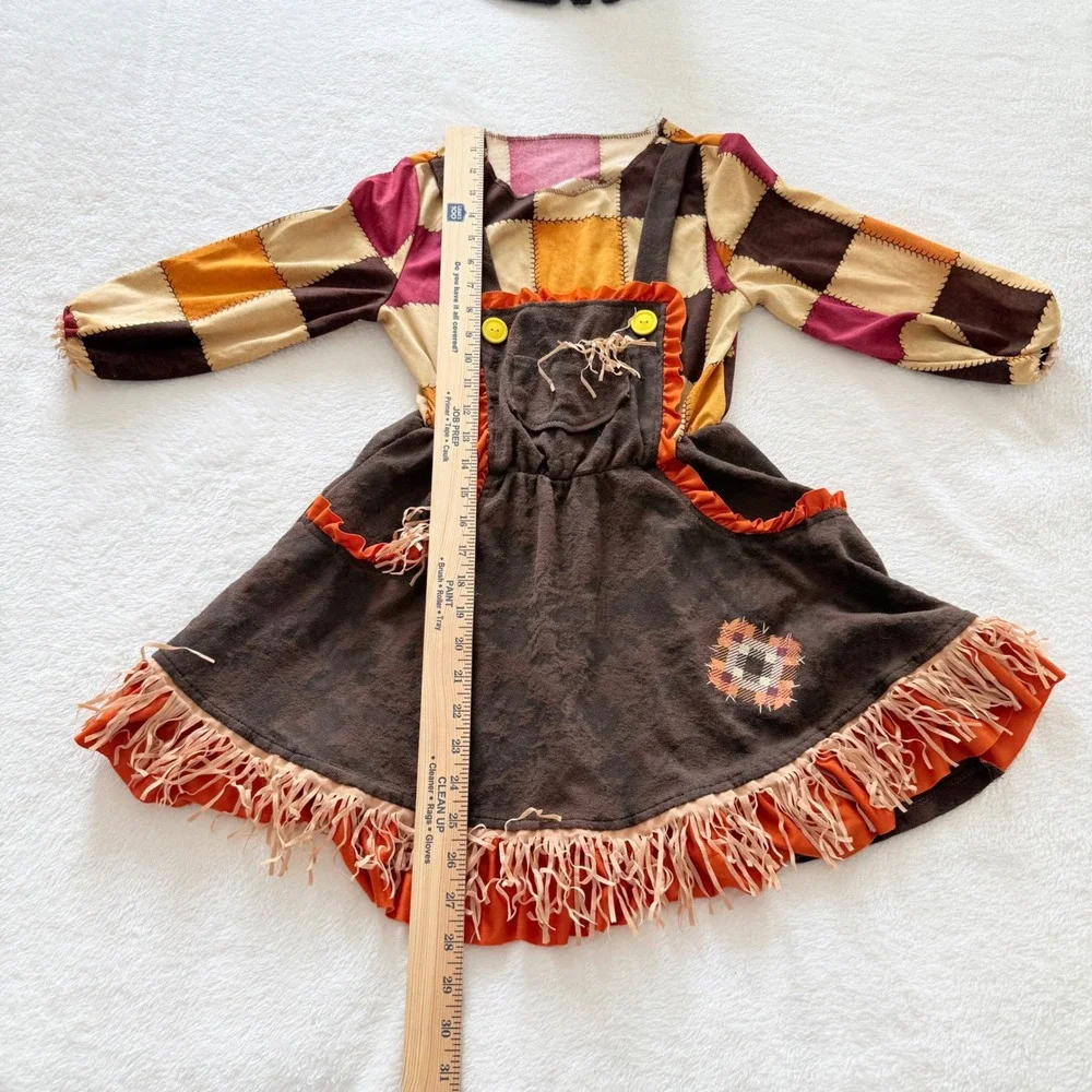 Scarecrow Costume Kids M Brown Orange Patchwork Dress with Hat